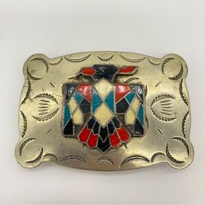 Vintage 1970s Nickel Silver Belt Buckle with a Colorful Inlay Bird